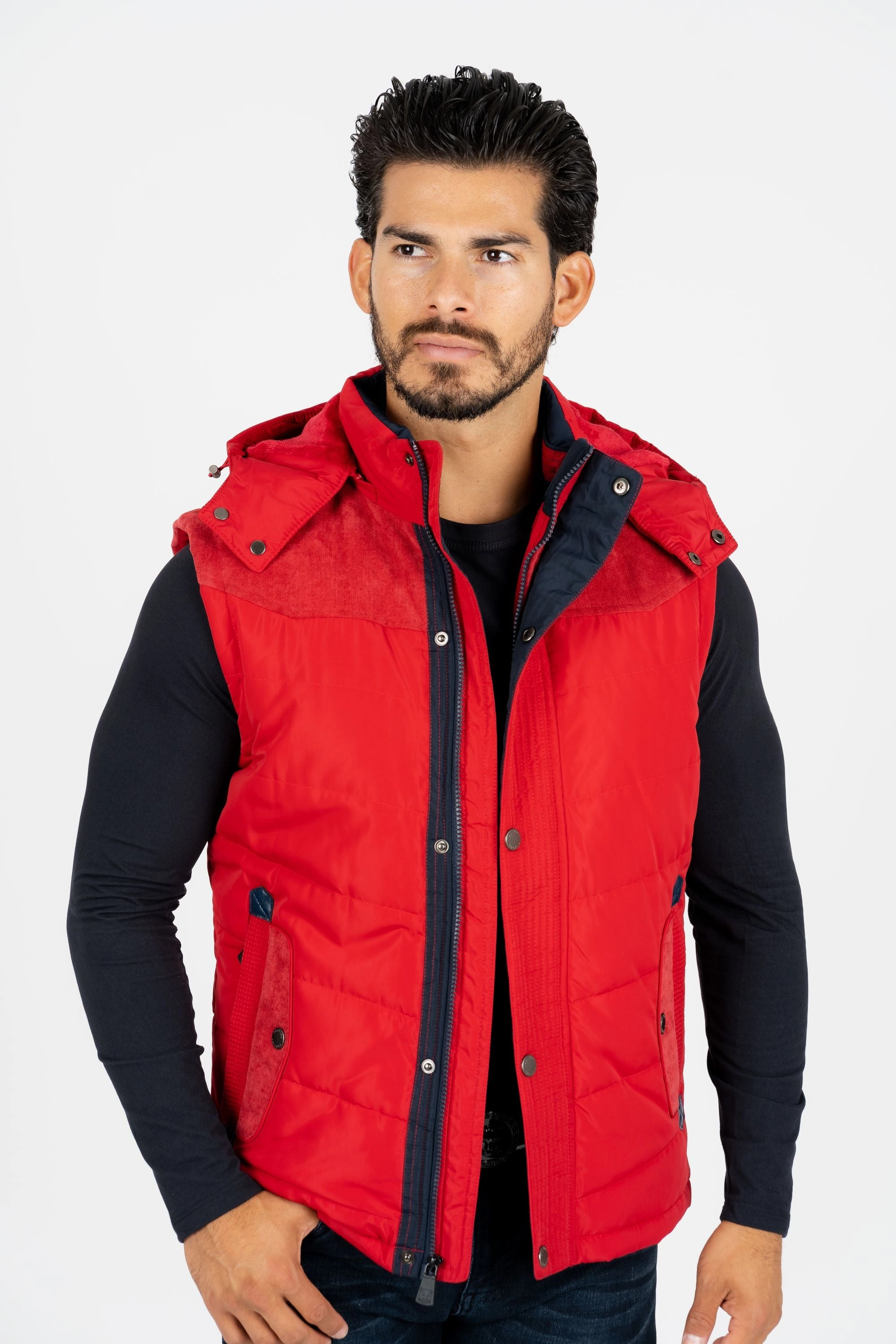 Men's Red Padded Hooded Vest w/ Faux Fur Lining AdjustableHem Sleek Comfort