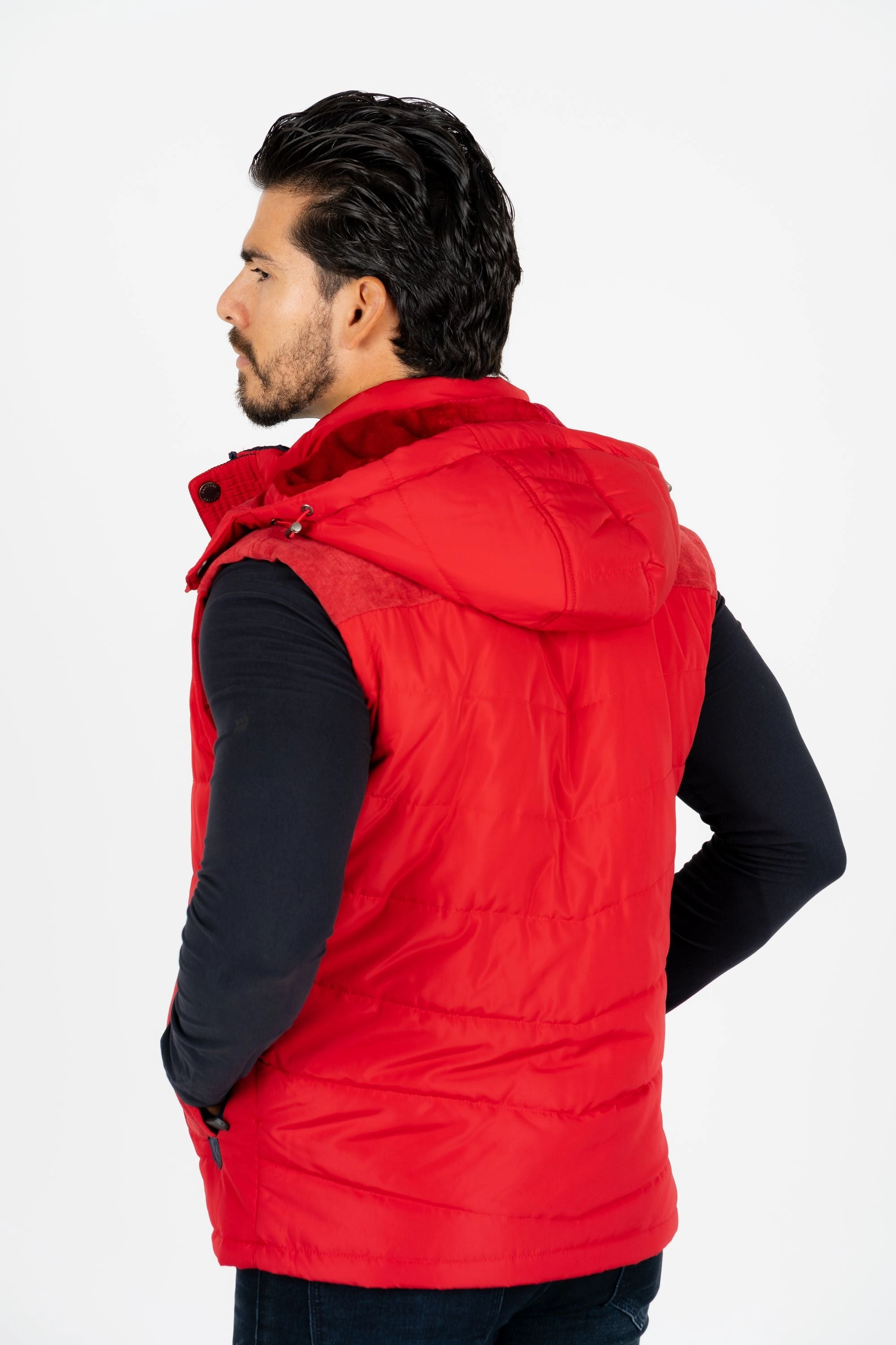 Men's Red Padded Hooded Vest w/ Faux Fur Lining Basic Travel Fit