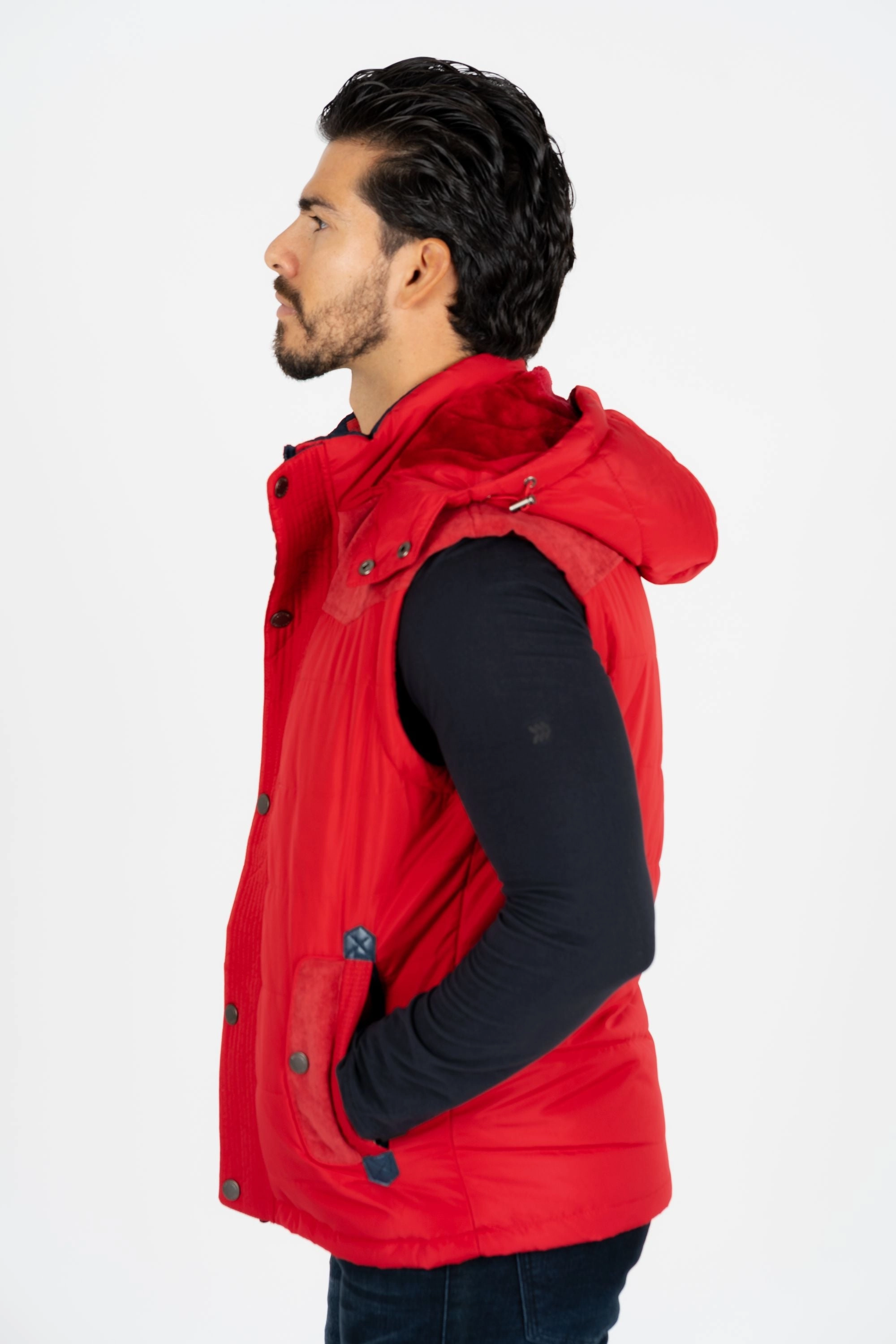 Men's Red Padded Hooded Vest w/ Faux Fur Lining CompactPacking