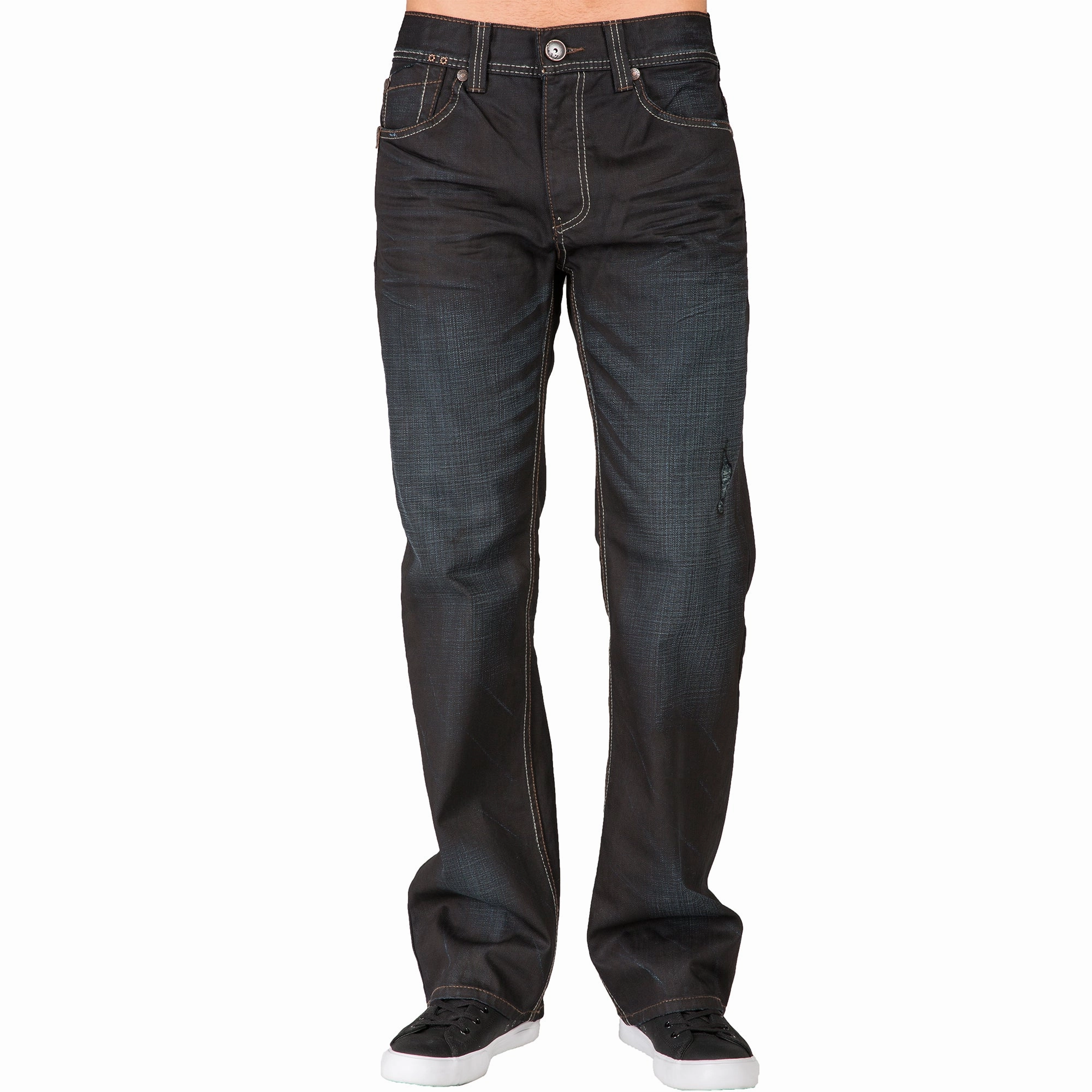 Men's Relaxed Bootcut Black Premium Denim 5 Pocket Jeans Black Overspray Coating MultiPanelCut