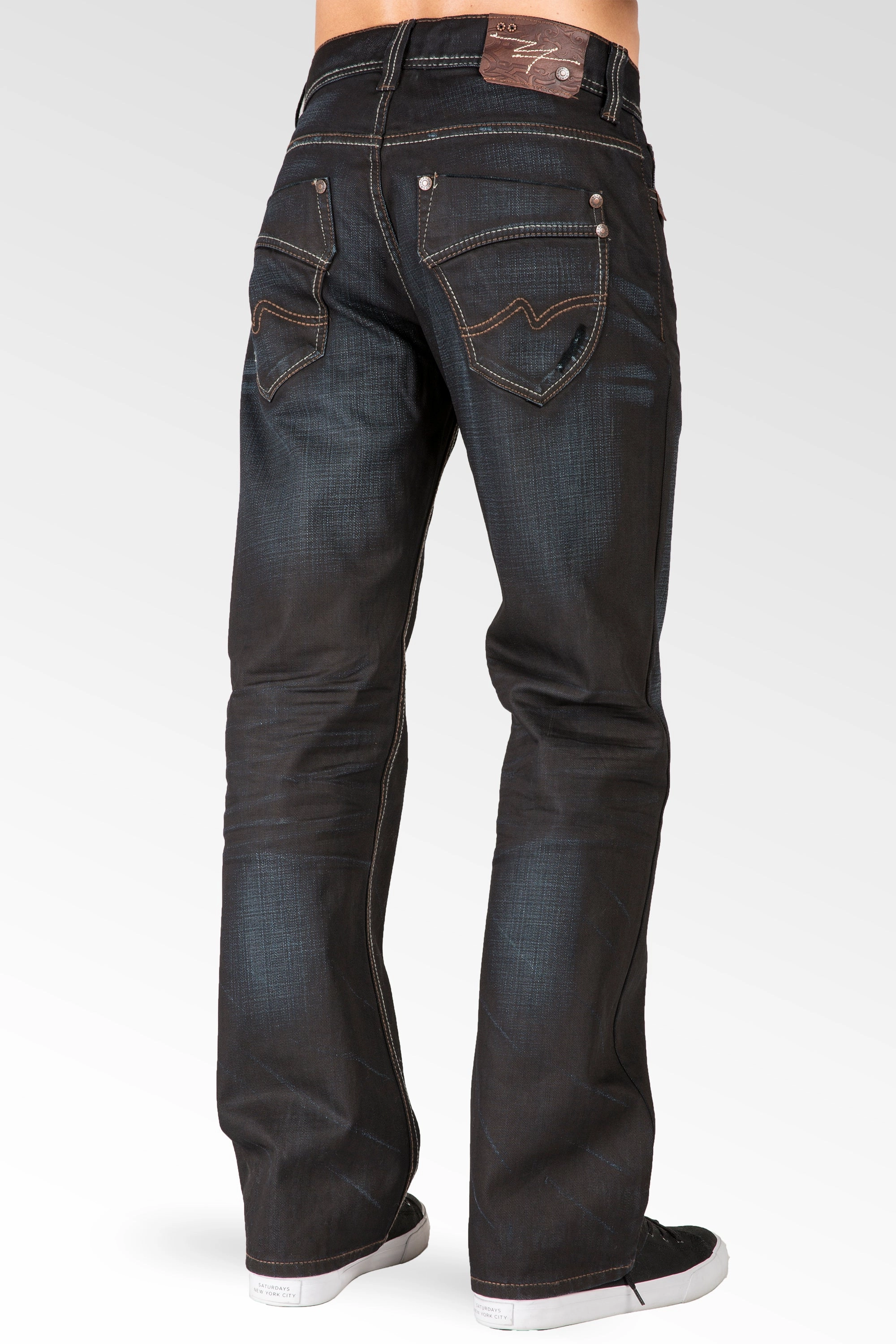 Men's Relaxed Bootcut Black Premium Denim 5 Pocket Jeans Black Overspray Coating Easy Layering