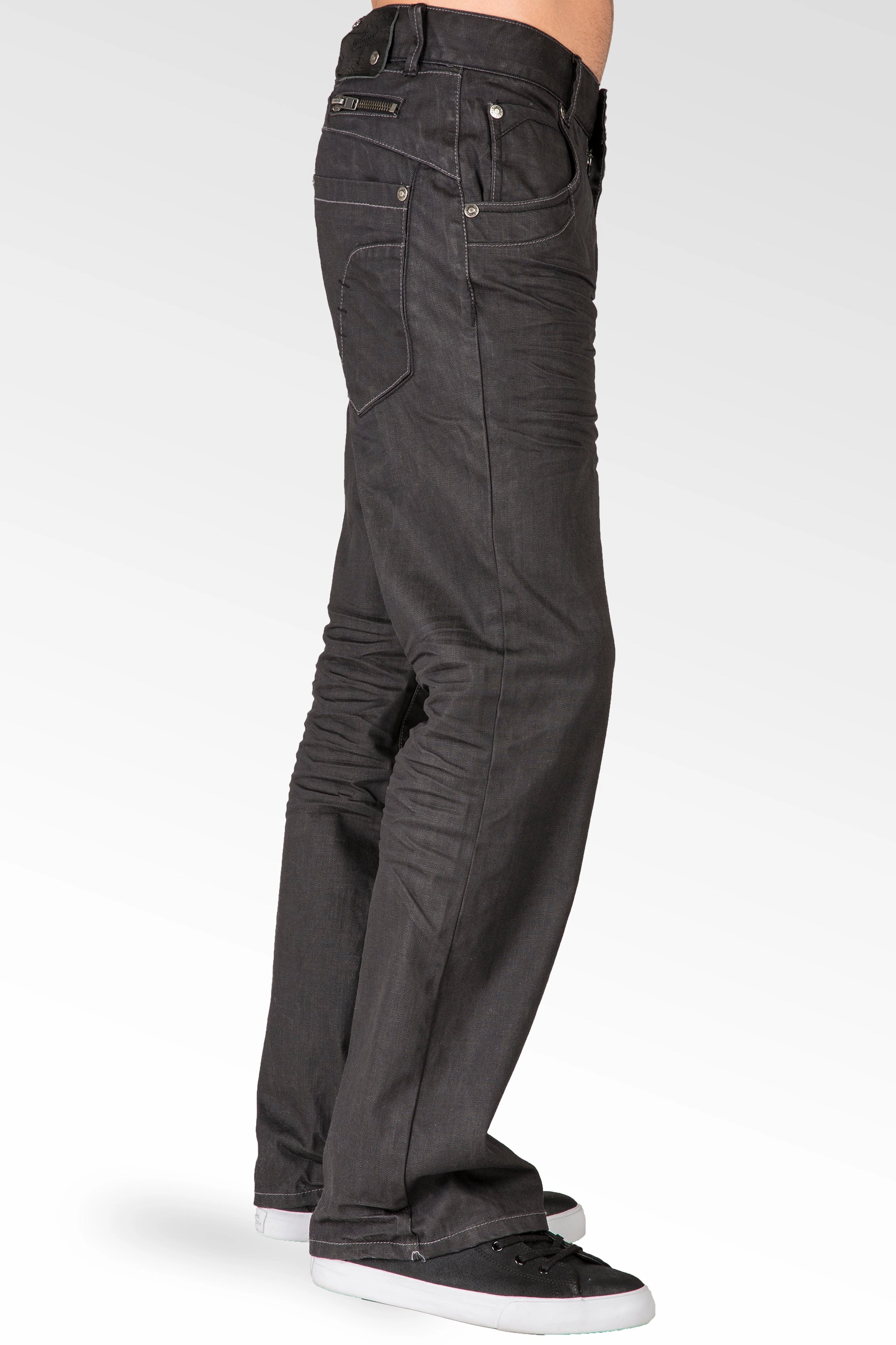 FourWayStretchClothing Rain Fit Men's Relaxed Bootcut Premium Coating Black Denim Jeans Zipper Trim Pocket Wrinkle Whisker