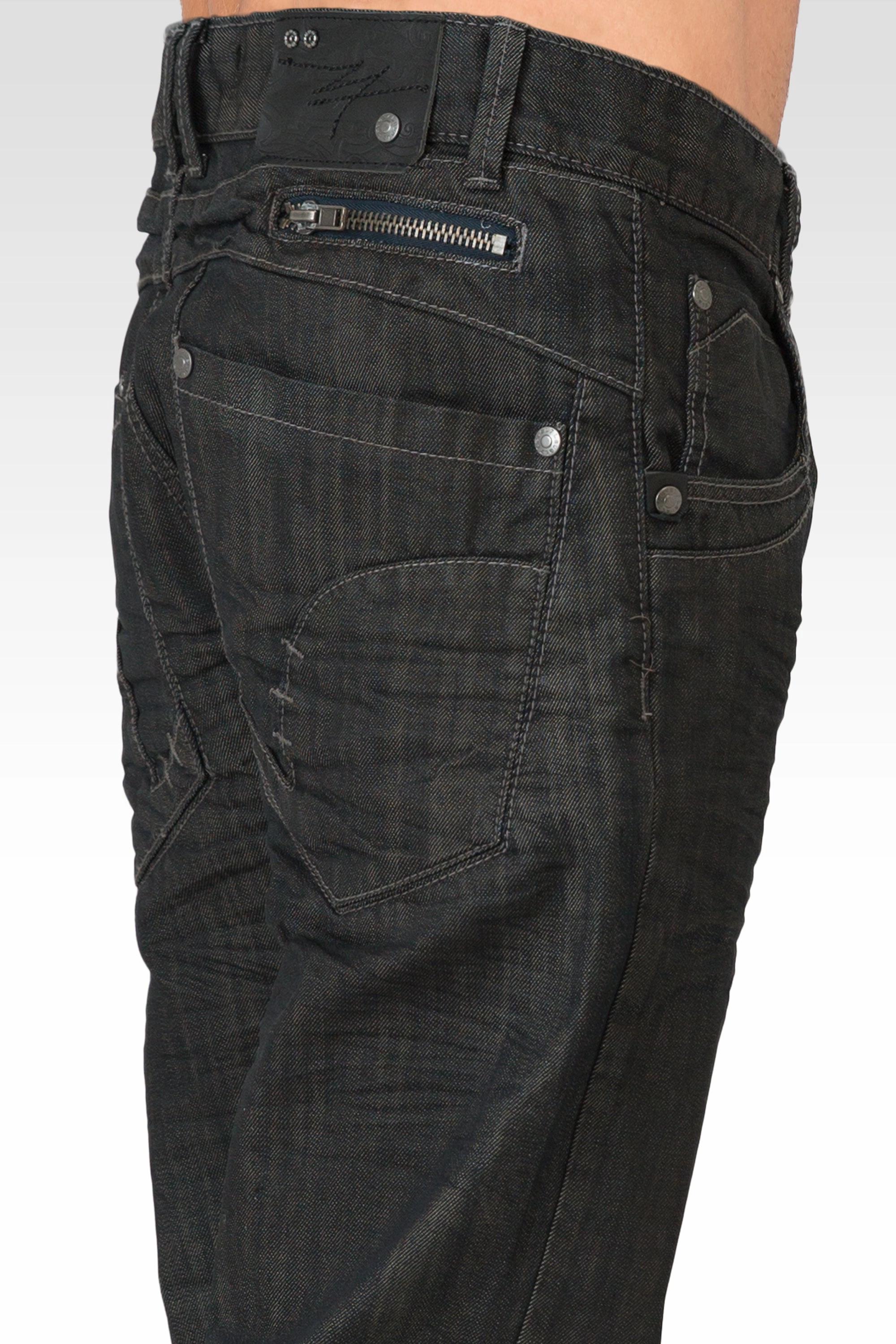 Men's Relaxed Straight Dark Blue Oil Stain Zipper Pocket Denim Jeans LightweightDesign