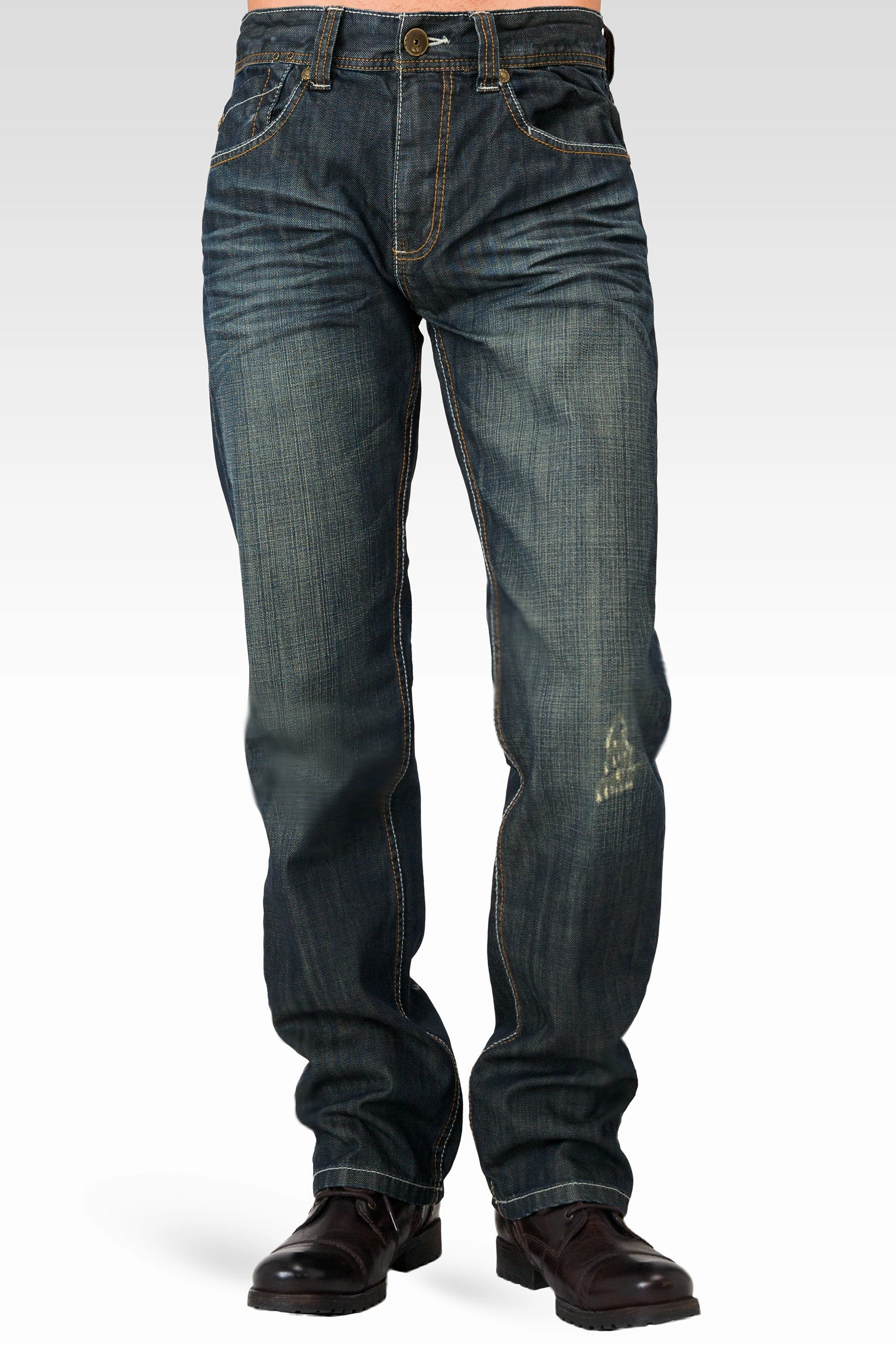 Men's Relaxed Straight Signature Stone Wash Dark Blue Distressed Premium Denim Jeans Peace Flow Pure Linen Blend