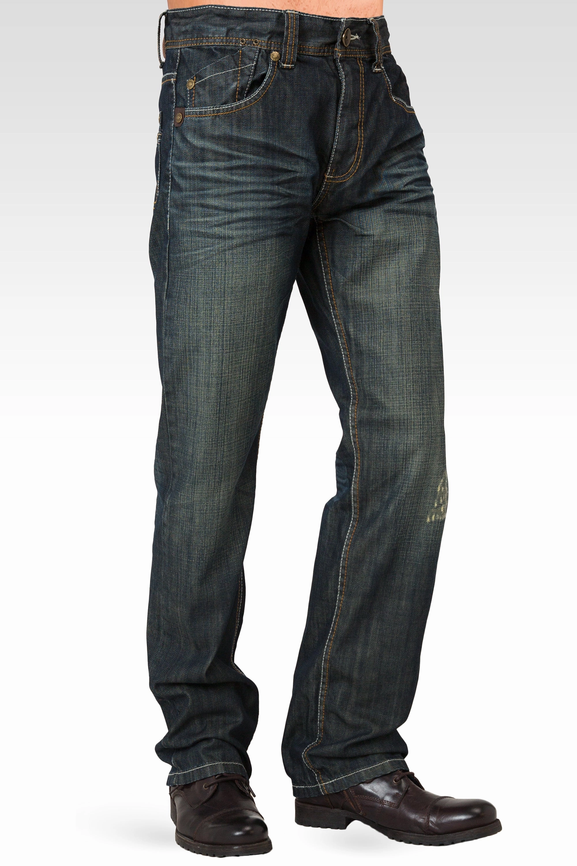 Men's Relaxed Straight Signature Stone Wash Dark Blue Distressed Premium Denim Jeans Sequin Glow
