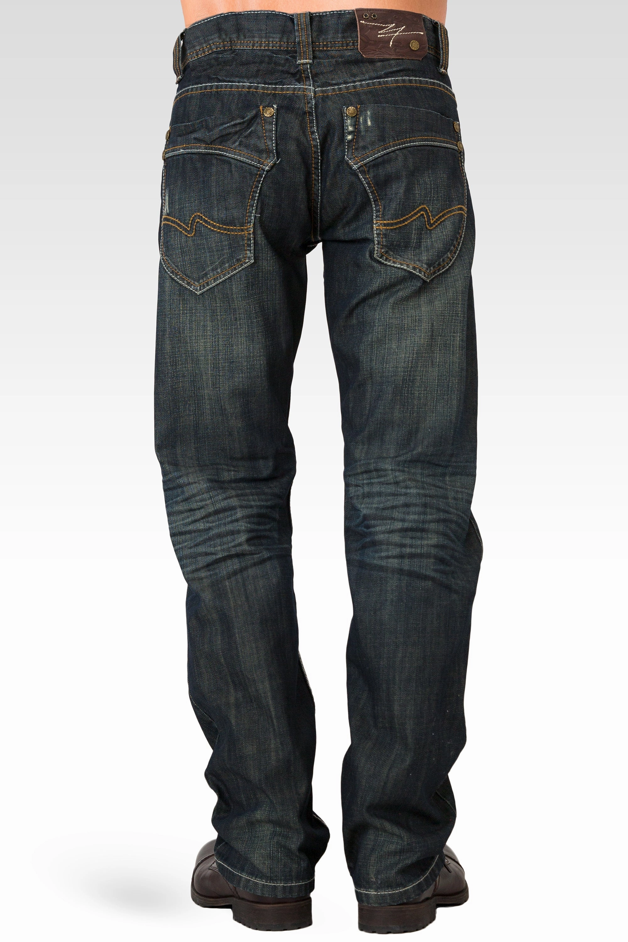 Bold Fashion Men's Relaxed Straight Signature Stone Wash Dark Blue Distressed Premium Denim Jeans