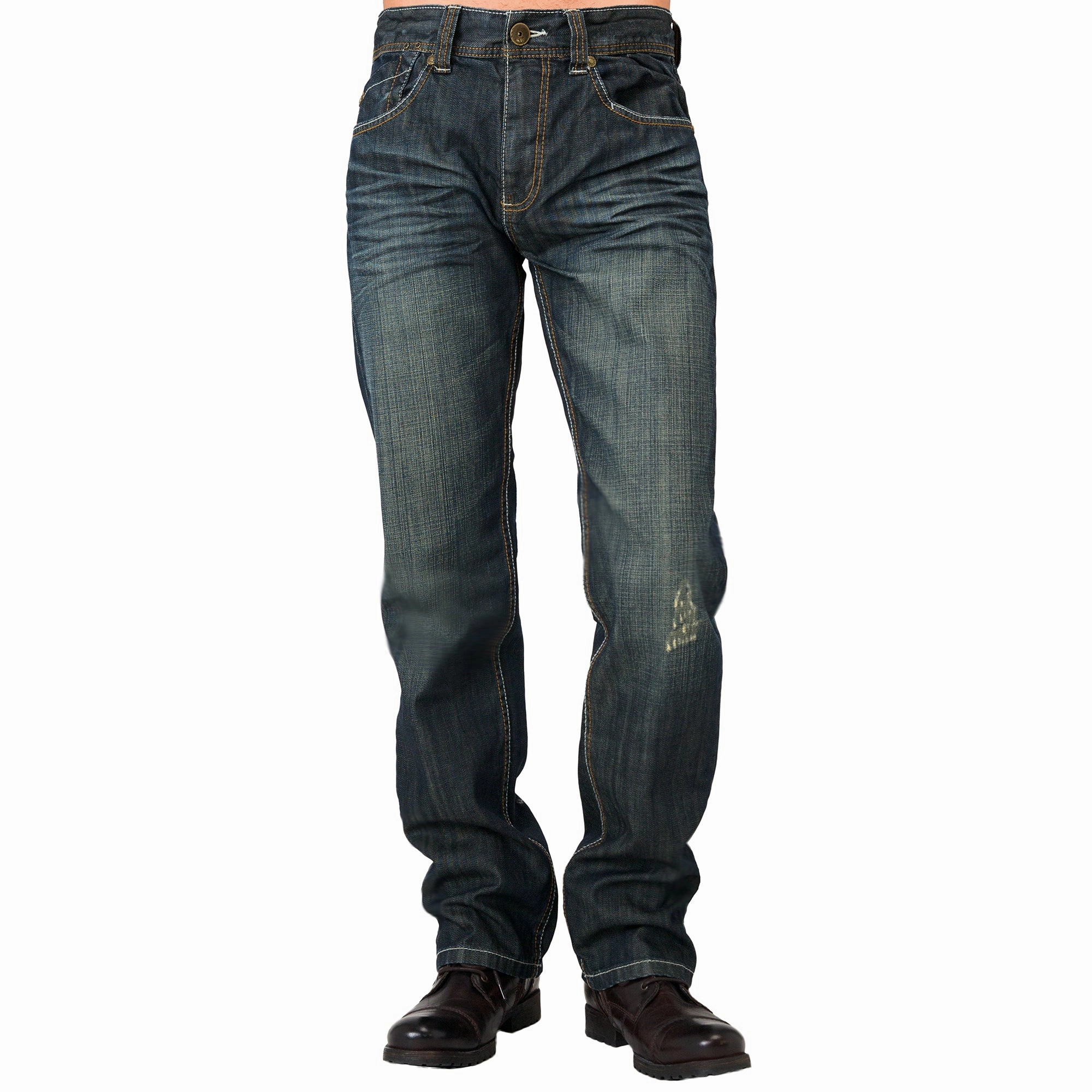 AllSeasonWear Men's Relaxed Straight Signature Stone Wash Dark Blue Distressed Premium Denim Jeans