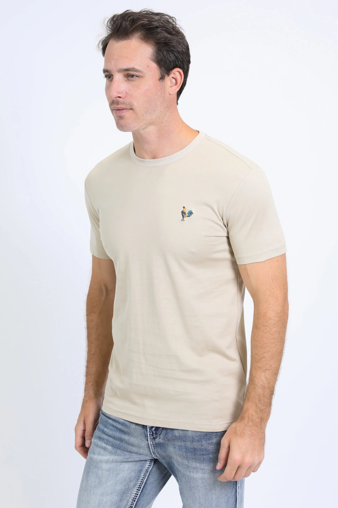 Men's Rooster Logo Cotton Beige T-Shirt Midweight Knit