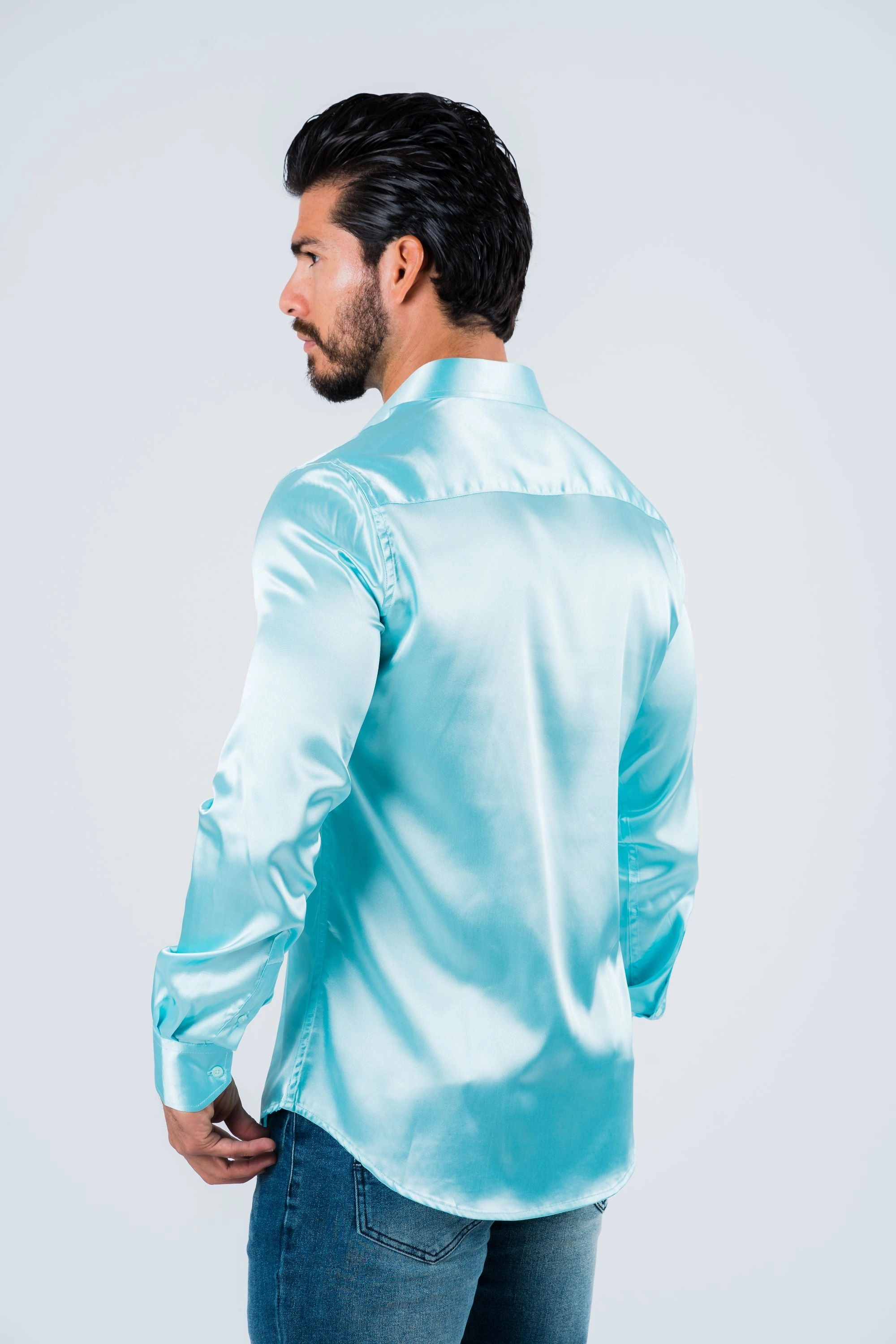 Men's Satin Aqua Dress Shirt Outdoor Adventure