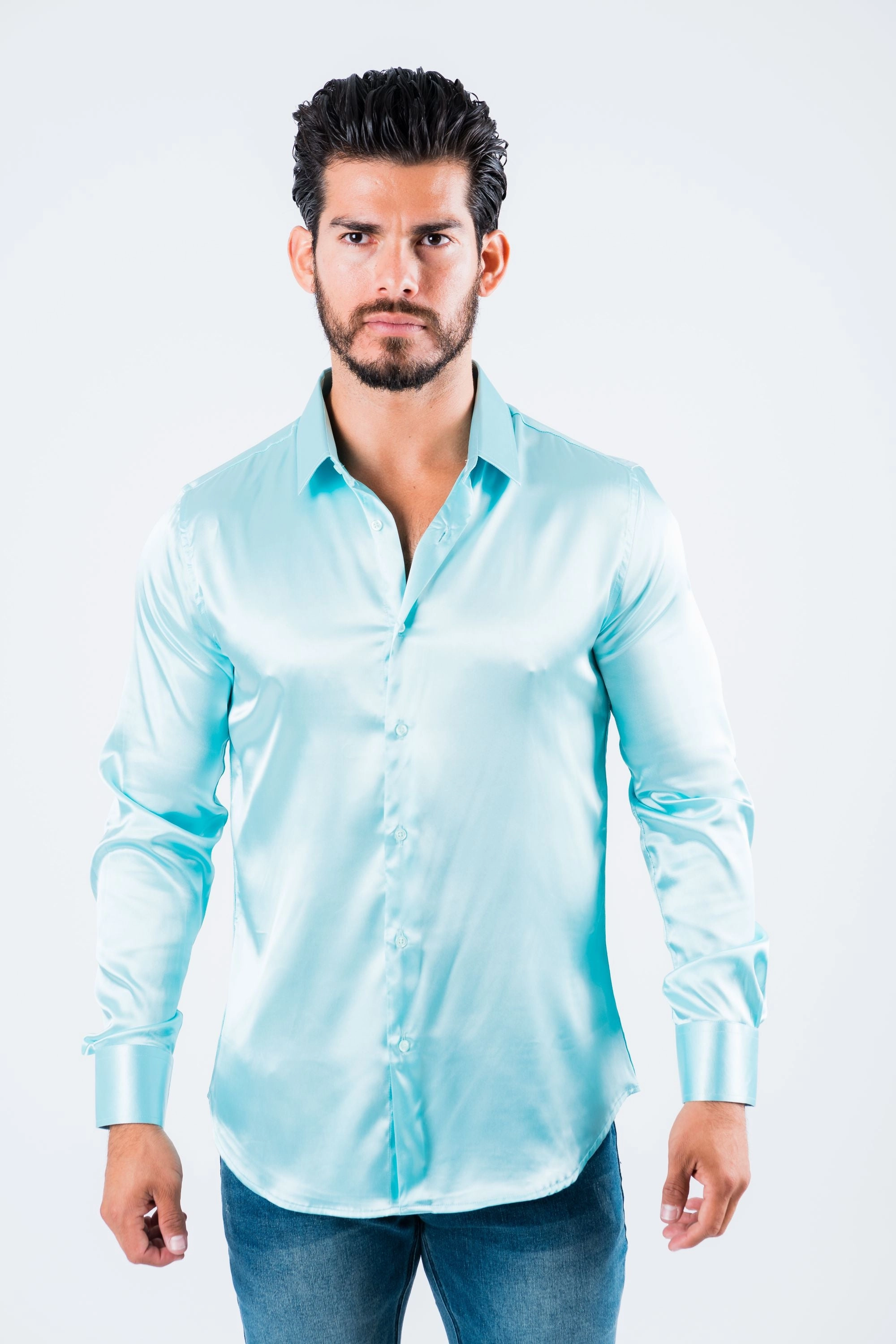 Men's Satin Aqua Dress Shirt Limited Edition gender-neutral