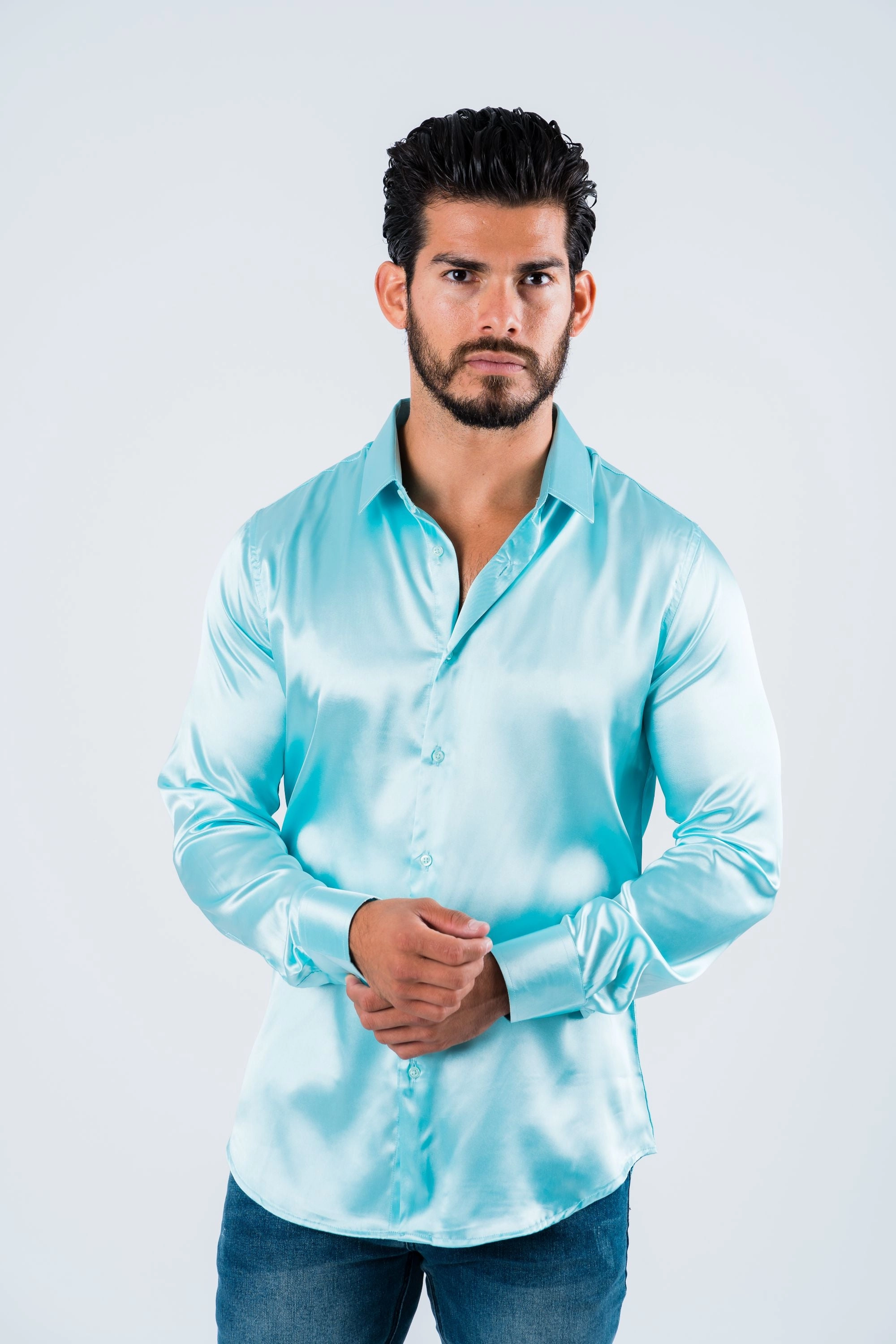 Men's Satin Aqua Dress Shirt Light Option High-End Look