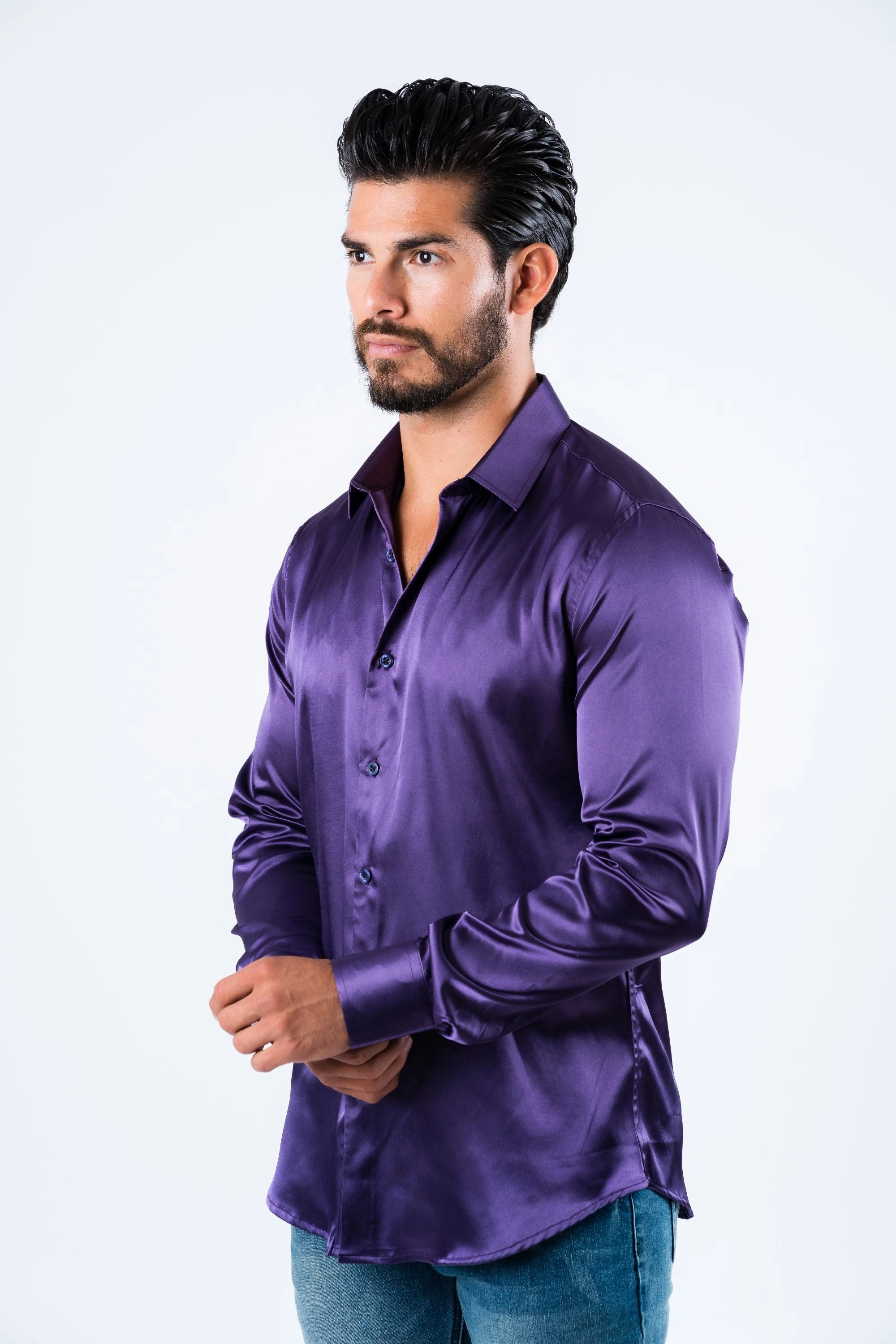 Soft Texture Comfortable Design Men's Satin Purple Dress Shirt