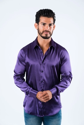 Compact Packing Anti Cling Fabric Men's Satin Purple Dress Shirt