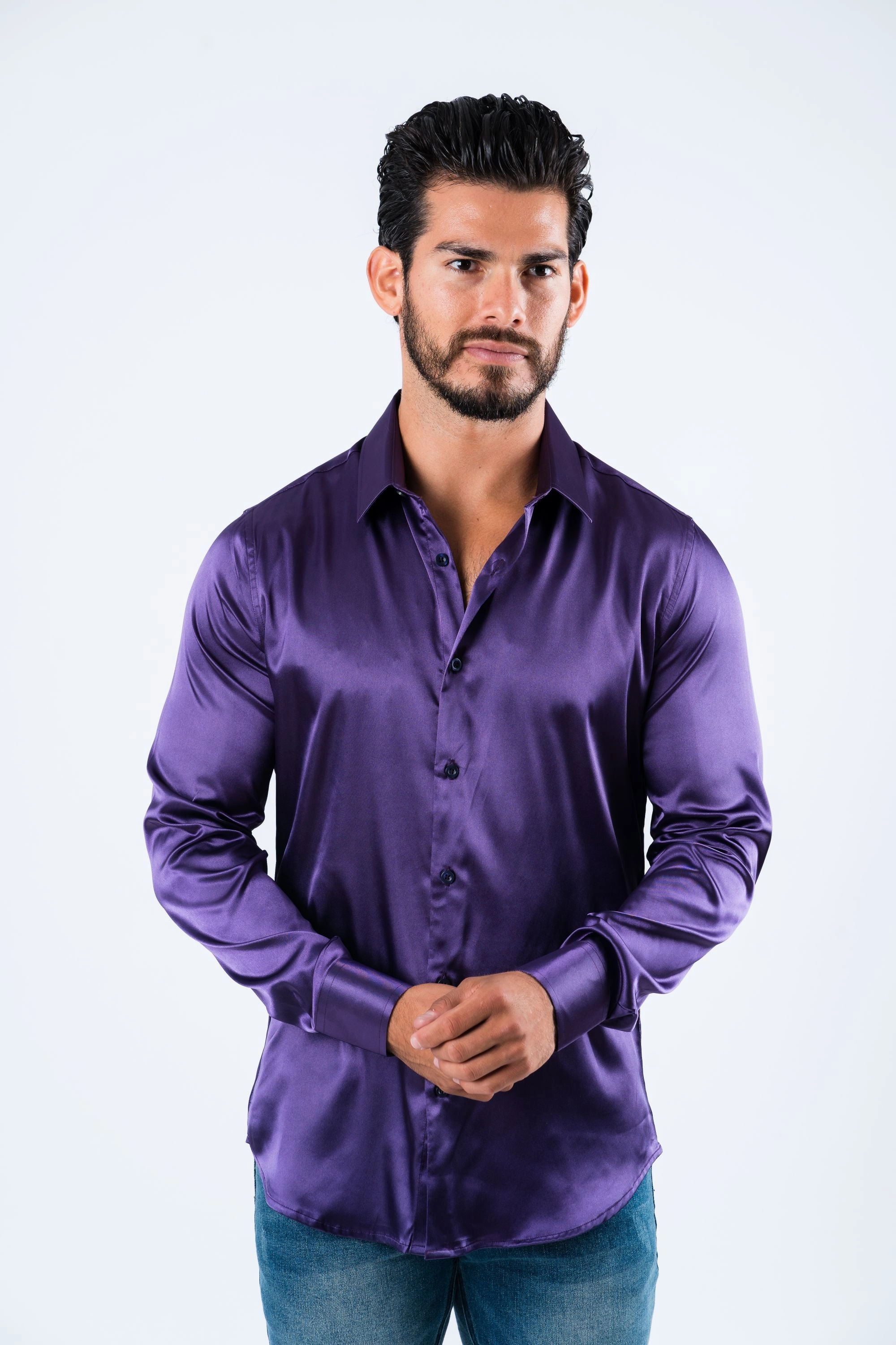 Compact Packing Anti Cling Fabric Men's Satin Purple Dress Shirt
