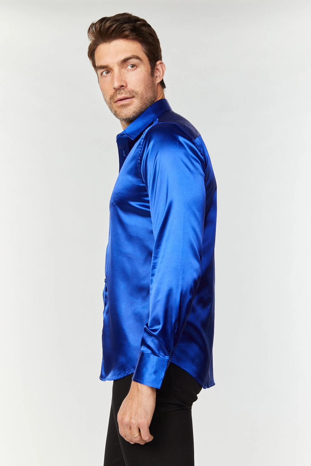 Earthy Hue Men's Satin Royal Blue Dress Shirt