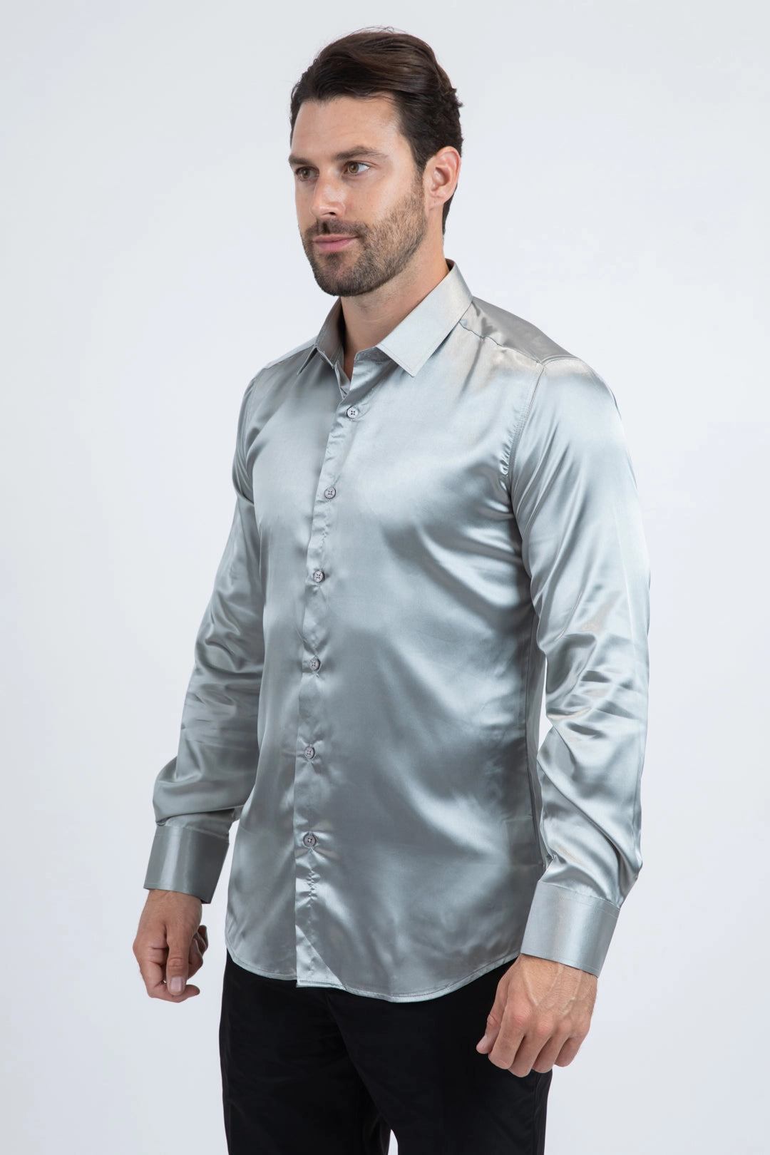 Men's Satin Silver Dress Shirt Bold Prints Anti Cling Fabric