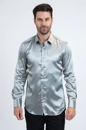 holiday season Men's Satin Silver Dress Shirt