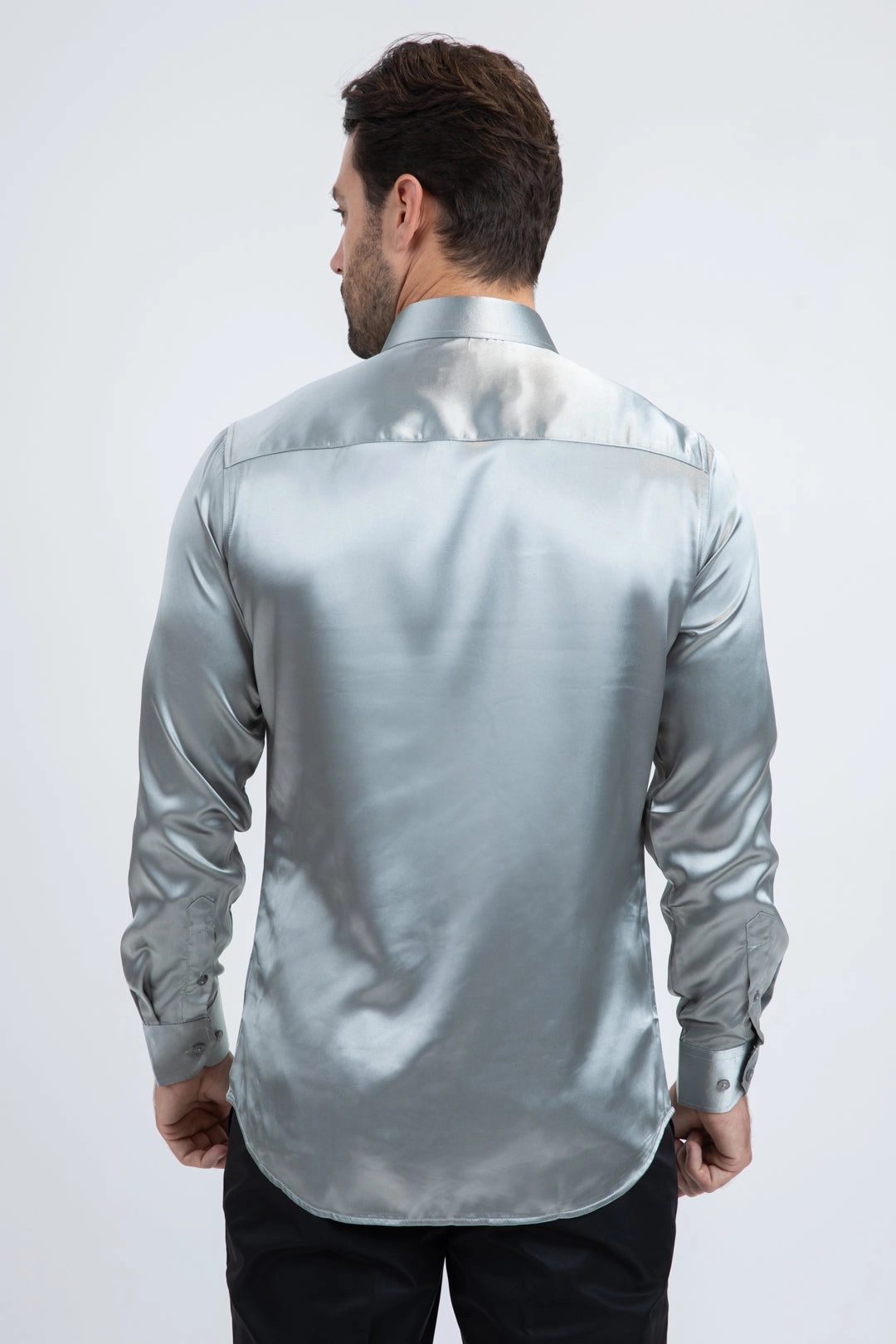 slim fit Perfect Layer Men's Satin Silver Dress Shirt