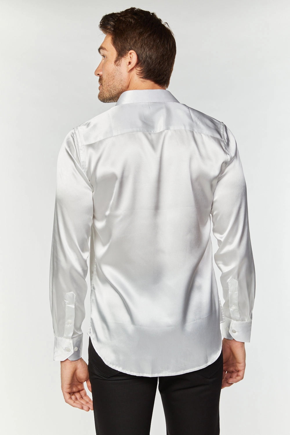 Men's Satin White Dress Shirt Contemporary Design UV Protective Fabric