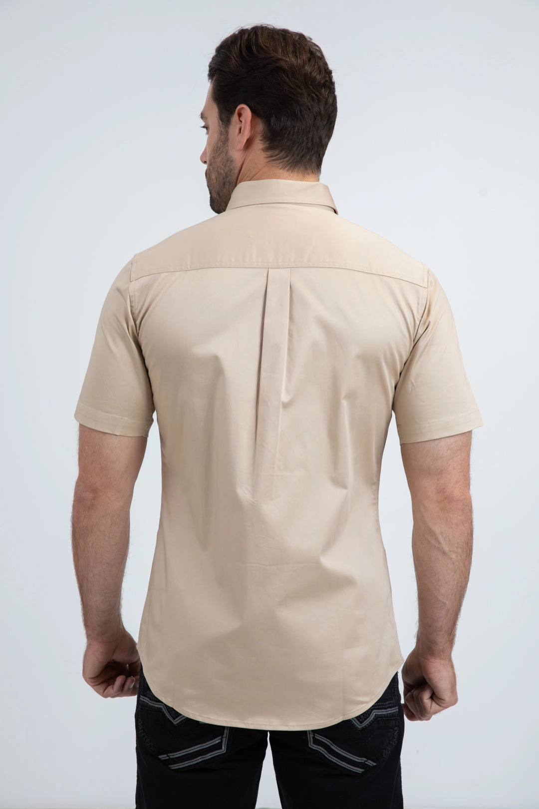 High Density Weave Men??s Single Pocket Logo Modern Fit Stretch Beige Short Sleeve Shirt