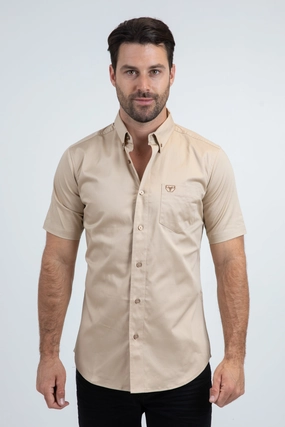 Men??s Single Pocket Logo Modern Fit Stretch Beige Short Sleeve Shirt Warm Layers