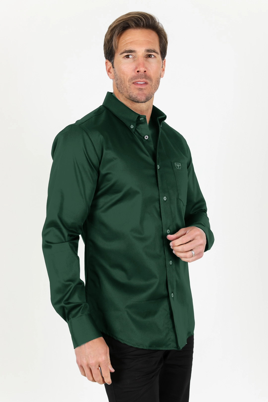 Boho chic Spring Trend Men??s Single Pocket Logo Modern Fit Stretch Dress Shirt - Green