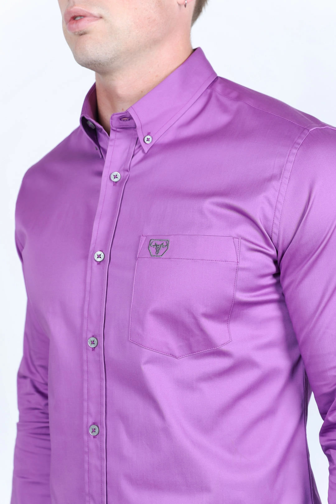 Casual Style Men??s Single Pocket Logo Modern Fit Stretch Dress Shirt - Mauve