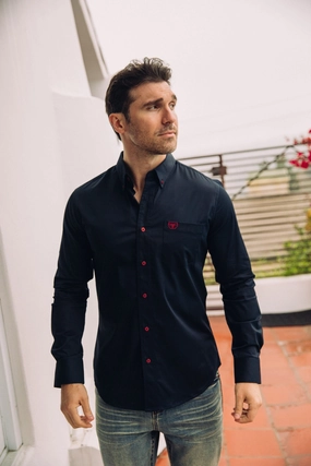 Men??s Single Pocket Logo Modern Fit Stretch Dress Shirt - Navy Versatile Fit