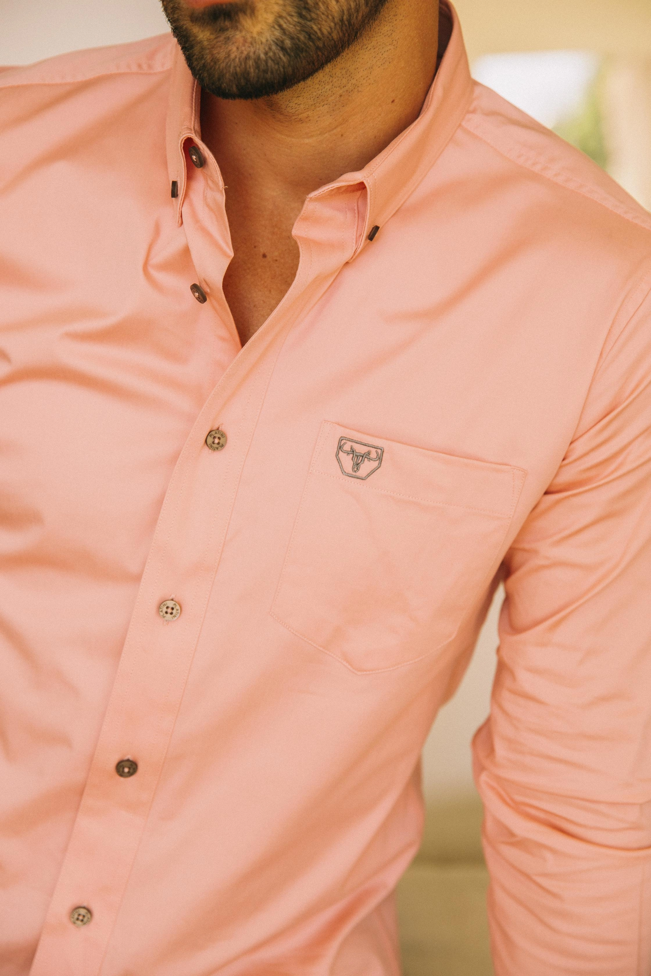 Stretch Fit Technology Breathable Style Men??s Single Pocket Logo Modern Fit Stretch Dress Shirt - Pink