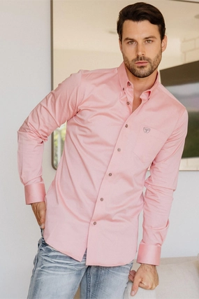 Flexible Shoulder Panels Men??s Single Pocket Logo Modern Fit Stretch Dress Shirt - Pink