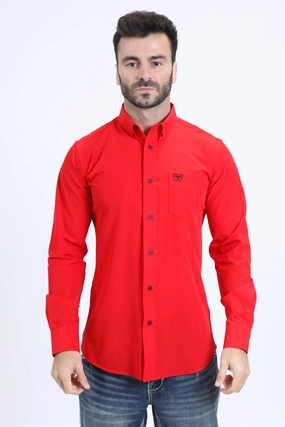 Perfect Fit Men??s Single Pocket Logo Modern Fit Stretch Dress Shirt - Red