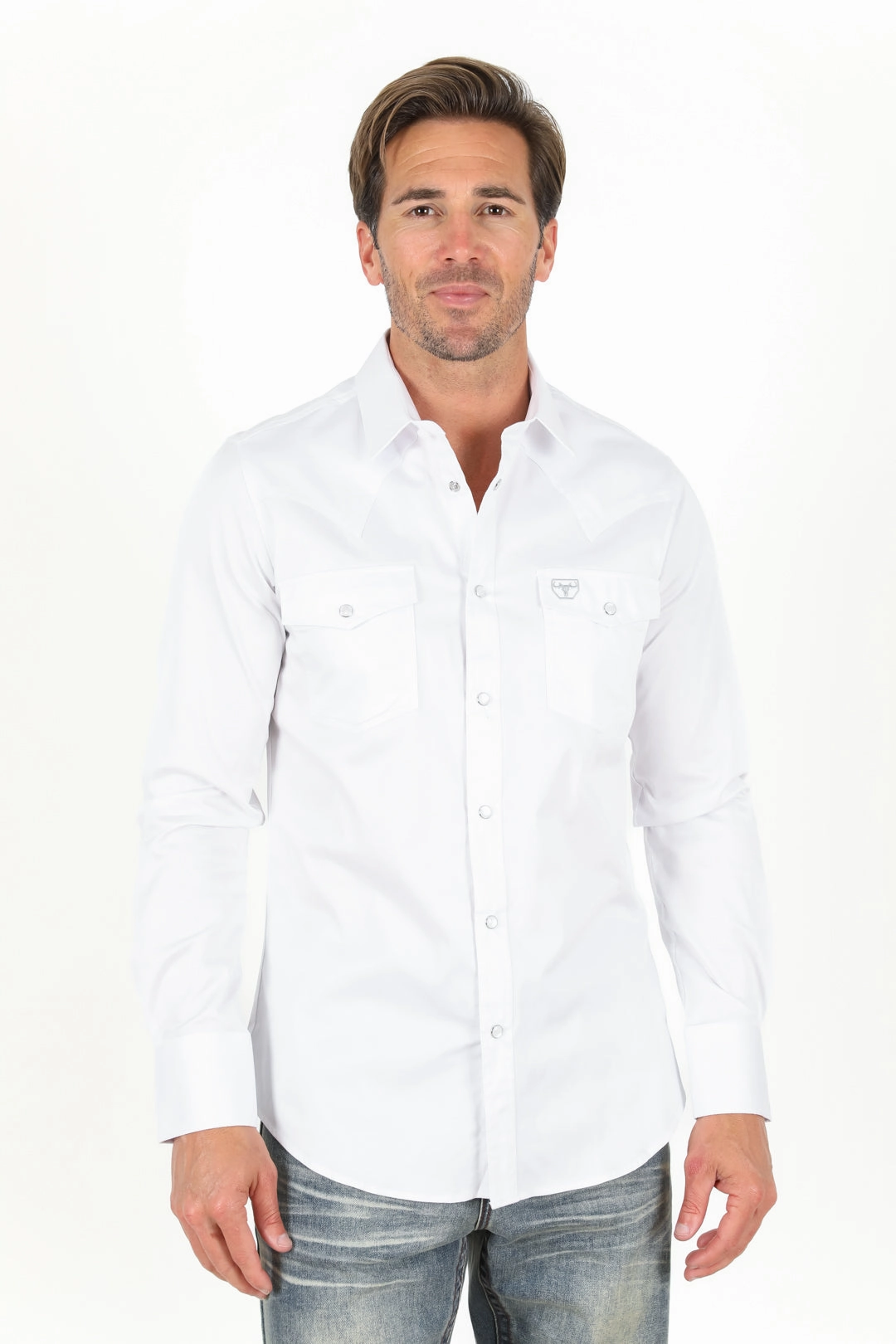 Perfect Fit Men??s Single Pocket Logo Modern Fit Stretch Dress Shirt - White