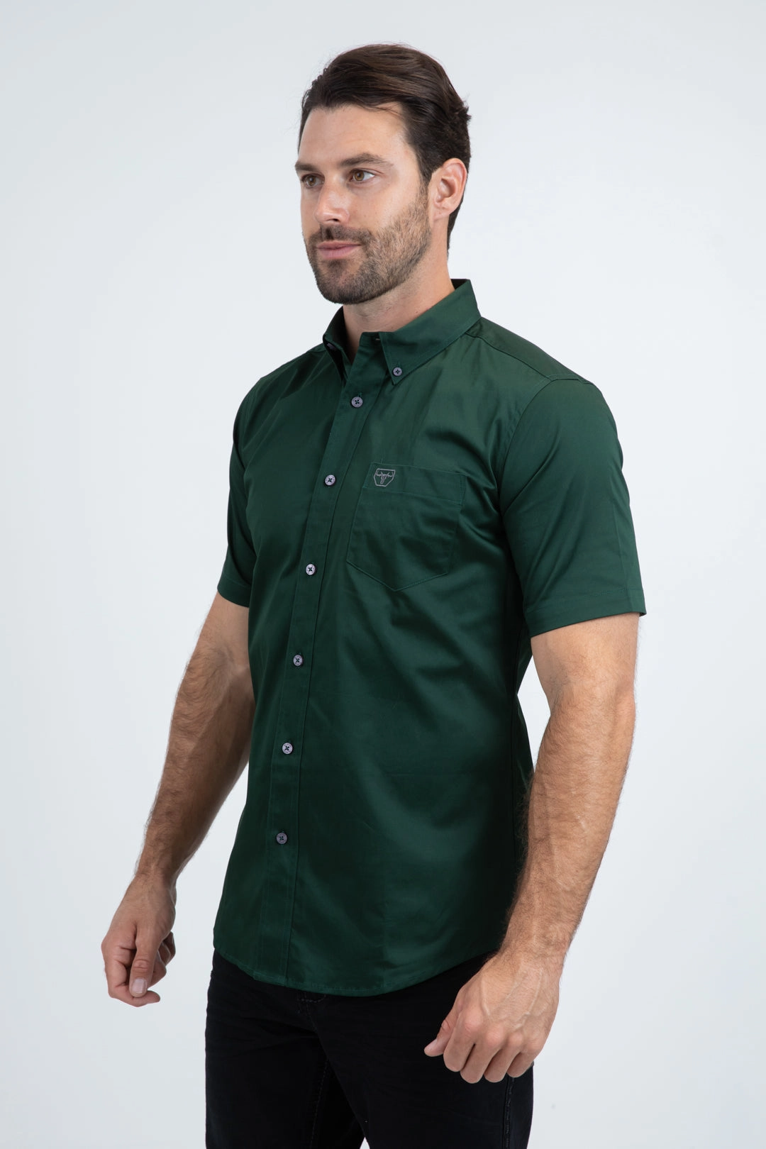 Men??s Single Pocket Logo Modern Fit Stretch Green Short Sleeve Shirt shopping spree