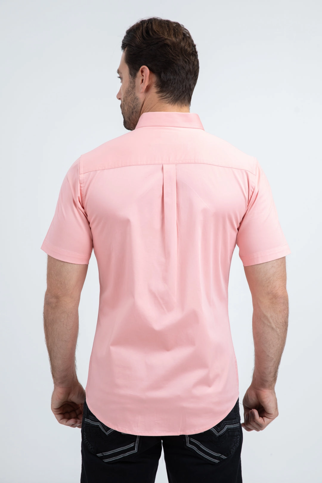 Men??s Single Pocket Logo Modern Fit Stretch Pink Short Sleeve Shirt Casual Chic Sophisticated Look