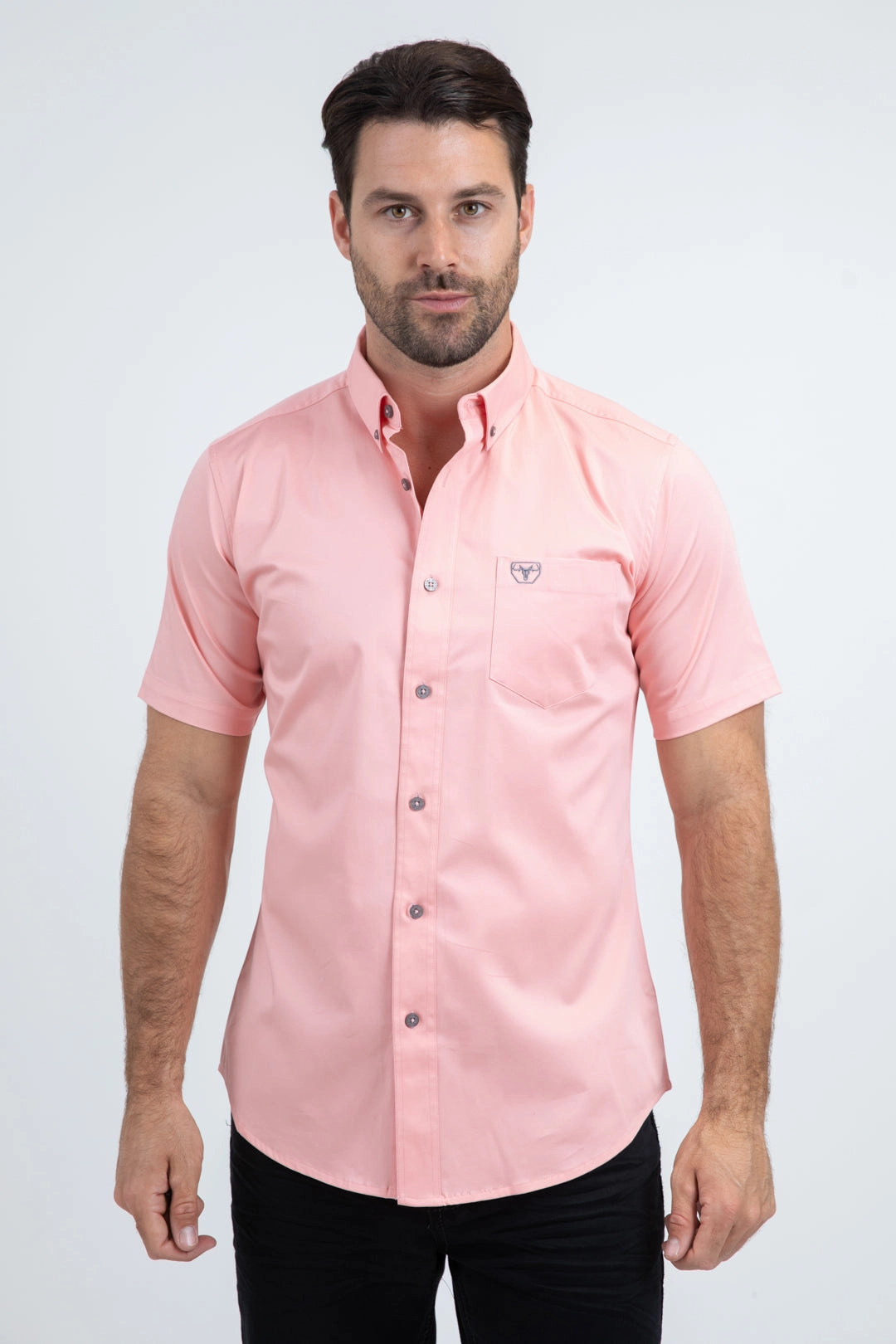 Metallic Finish Ethical production Men??s Single Pocket Logo Modern Fit Stretch Pink Short Sleeve Shirt