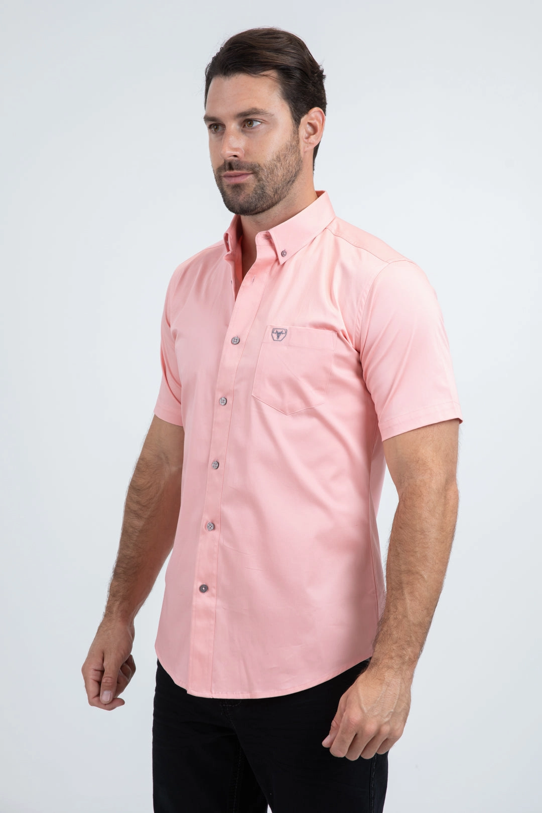 Festival Outfit Men??s Single Pocket Logo Modern Fit Stretch Pink Short Sleeve Shirt