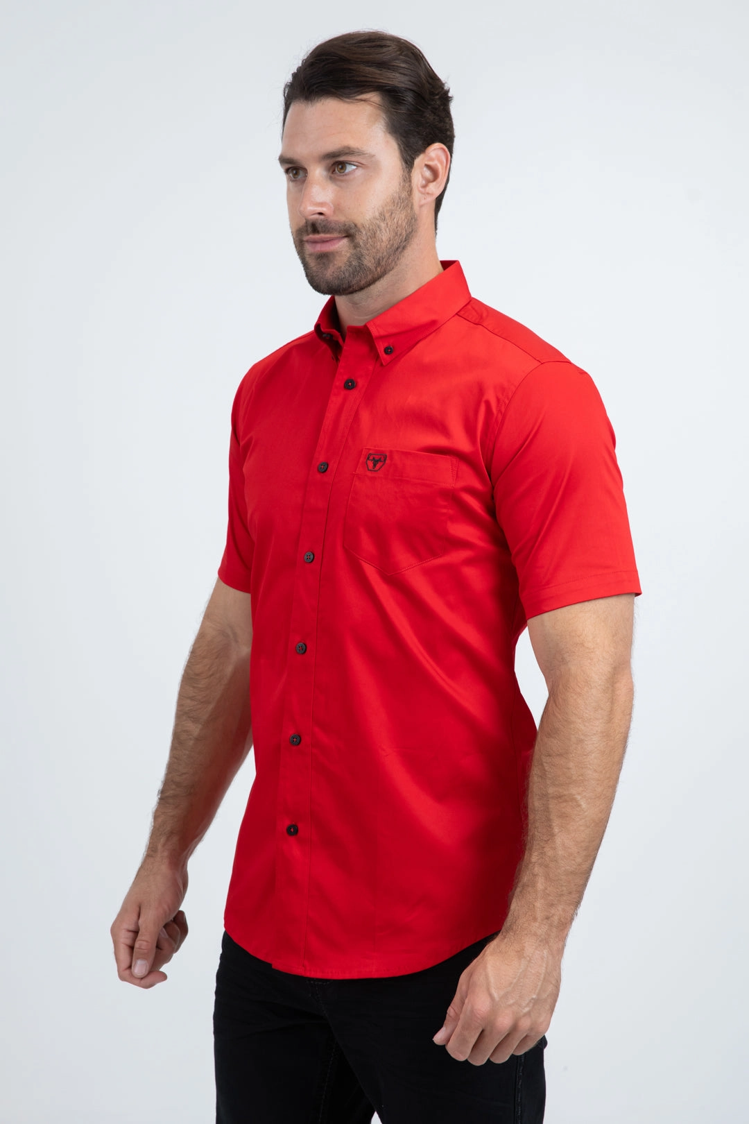 Men??s Single Pocket Logo Modern Fit Stretch Red Short Sleeve Shirt checkered pattern Casual Chic