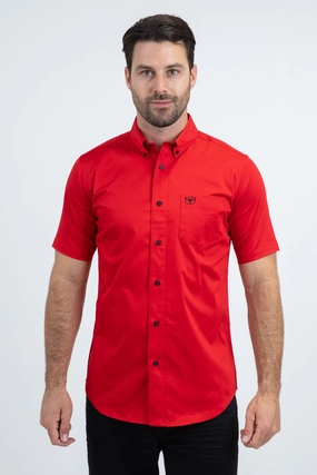 Social Meetup Men??s Single Pocket Logo Modern Fit Stretch Red Short Sleeve Shirt
