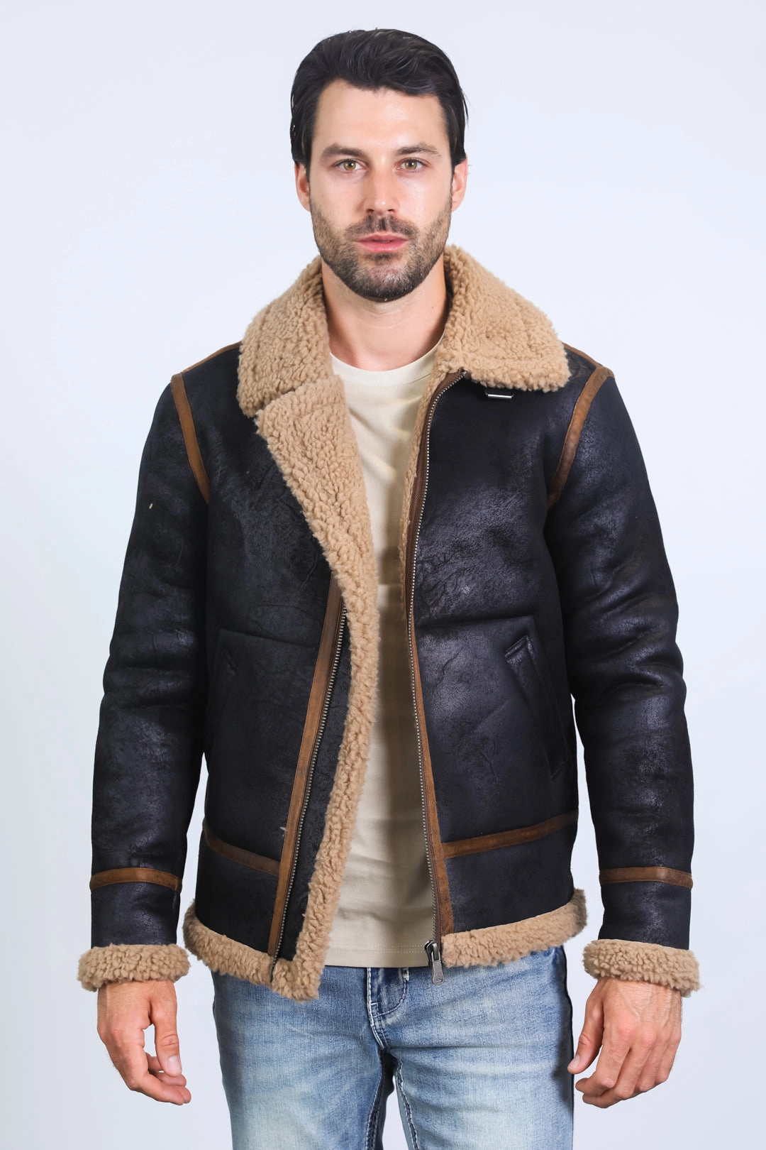 Men's Washed Suede Black Jacket w/ Faux Shearling-lined CompressionEnhanced NoRubEdging