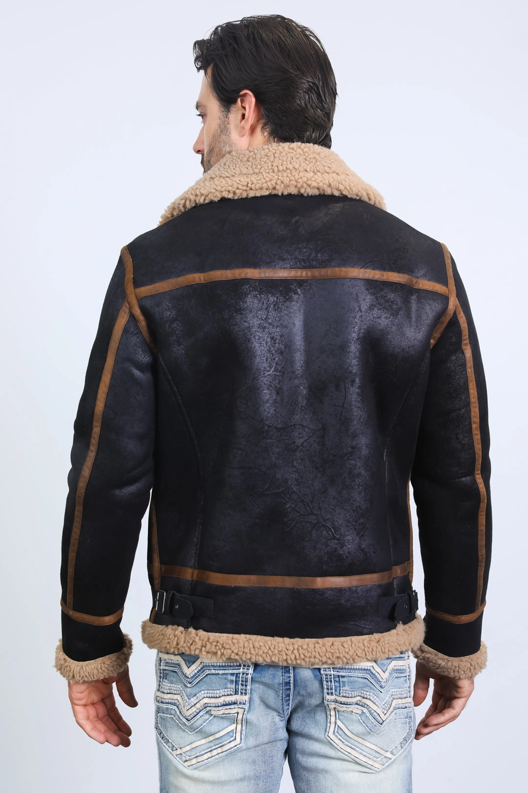 Men's Washed Suede Black Jacket w/ Faux Shearling-lined Euro Mood