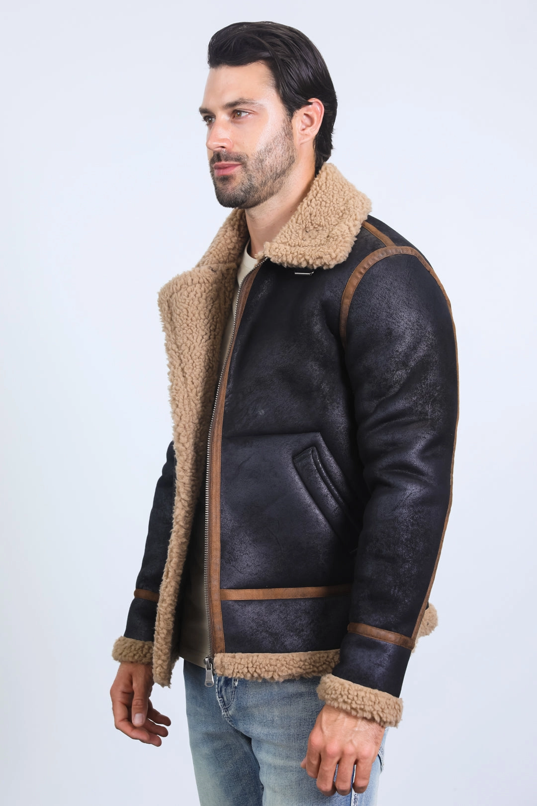 Men's Washed Suede Black Jacket w/ Faux Shearling-lined Farm Glow
