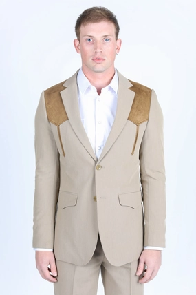 Men's Western Suit Sport Coat with Suede Yokes and Elbow Patches Flexible Waistline