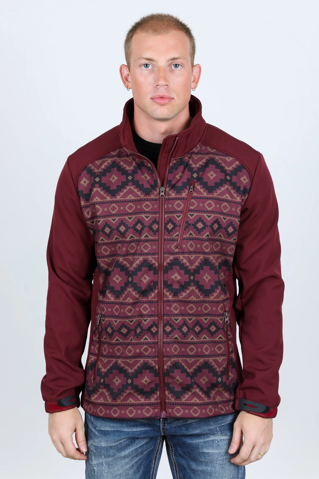 Mens Aztec Softshell Water-Resistant Jacket - Burgundy DoubleStitched Sporty Dress