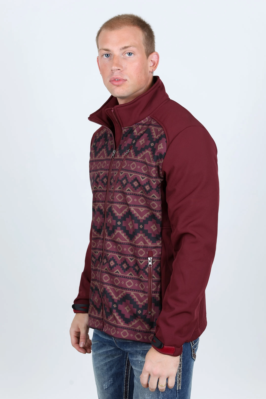 HypoallergenicFabric ChafeFree Design Mens Aztec Softshell Water-Resistant Jacket - Burgundy