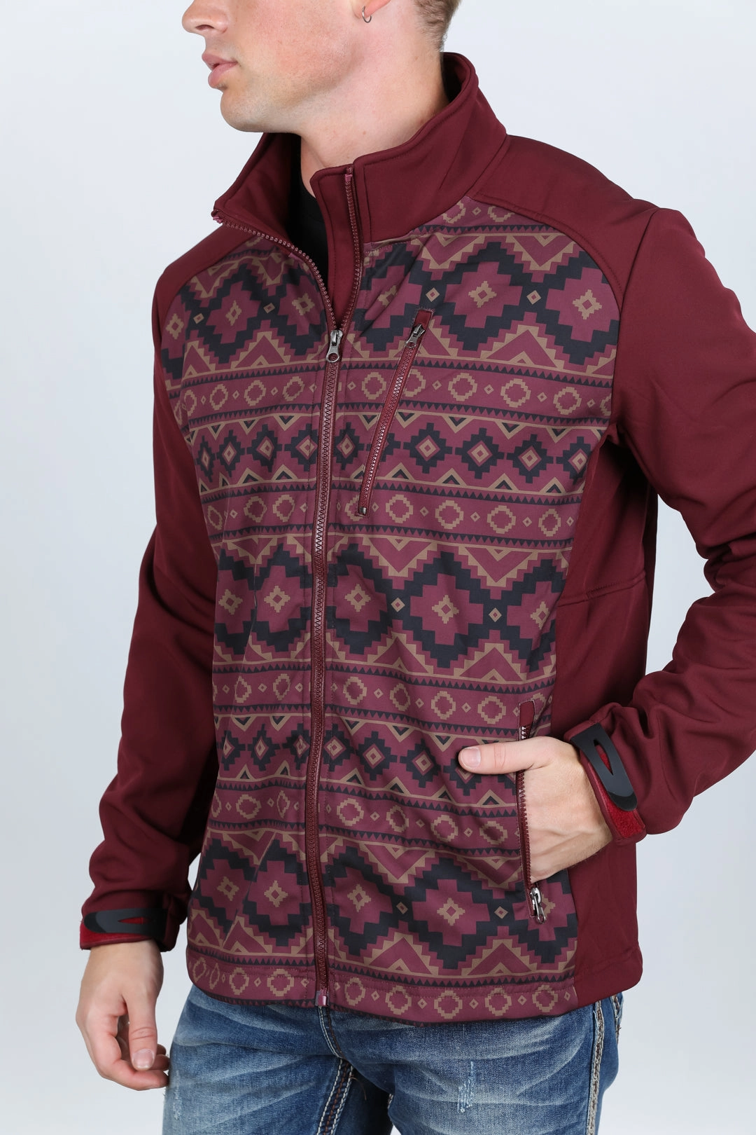 Mens Aztec Softshell Water-Resistant Jacket - Burgundy AntiBacterialTreatment