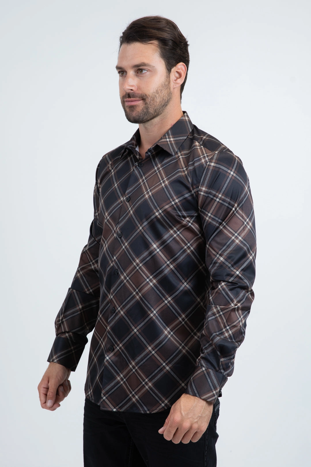 Abstract art Laser Cut Edge Detail Mens Checkered Long Sleeve Black Shirt