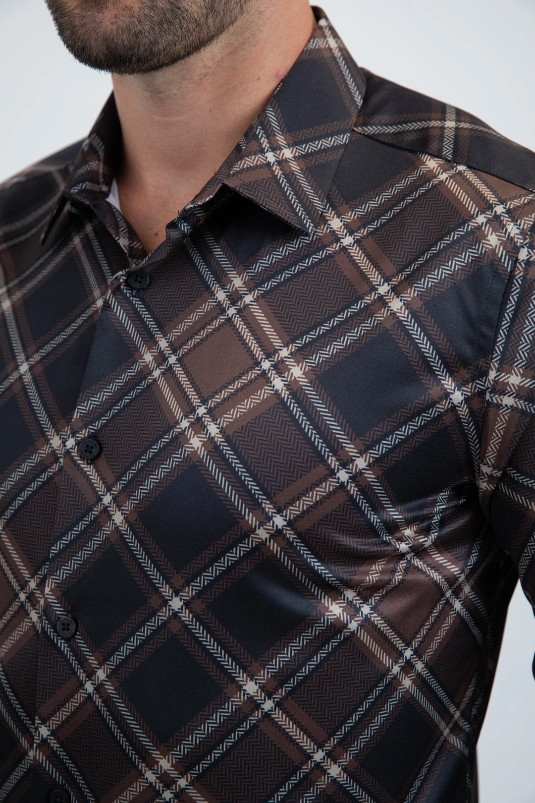 V-Neck Mens Checkered Long Sleeve Black Shirt
