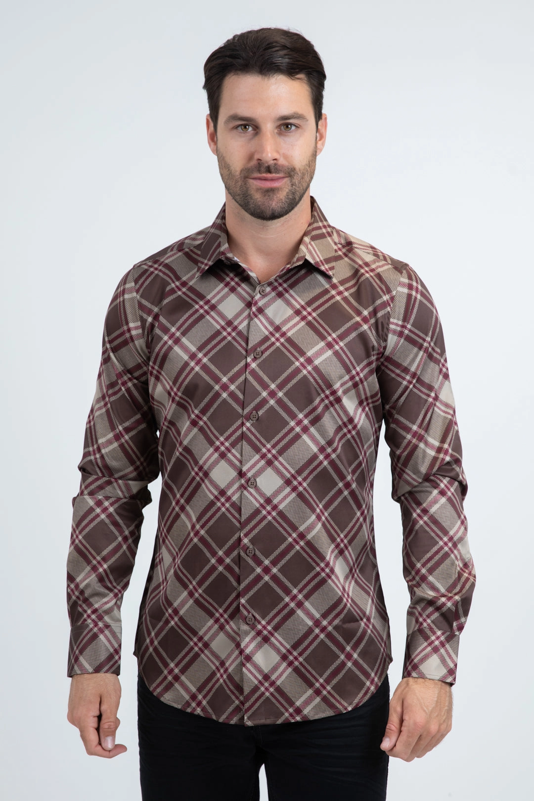 All-Ages Fit Mens Checkered Long Sleeve Brown Shirt