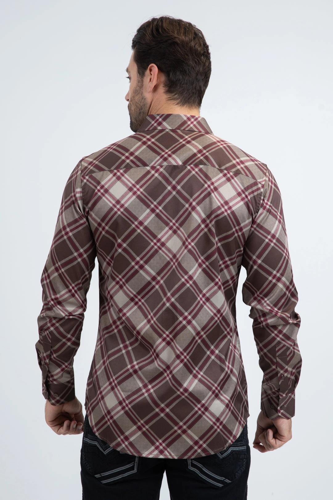Mens Checkered Long Sleeve Brown Shirt Eco Friendly Production Casual Wear