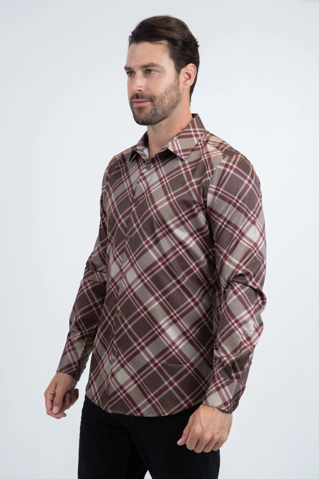 Polished Finish Year-Round Favorite Mens Checkered Long Sleeve Brown Shirt
